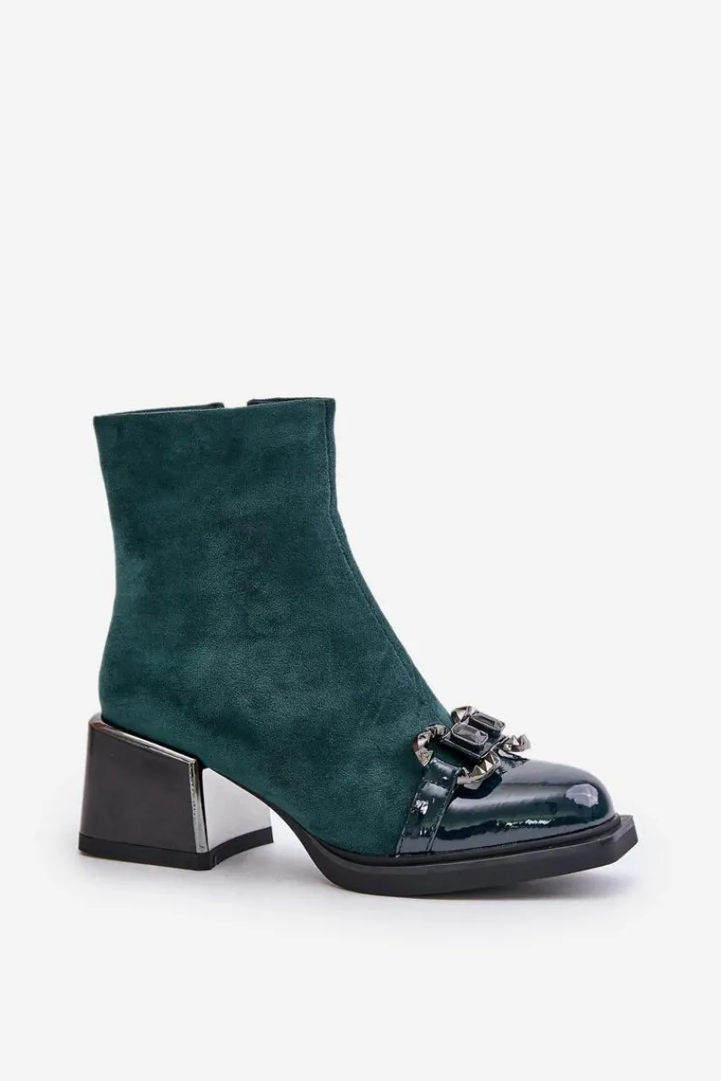 Clearance Eleganckie Botki Damskie Na Obcasie Z Ozdobą Ciemnozielone MR880-127 Damskie Botki Zimowe Damskie|Botki Na Obcasie