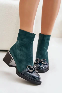 Clearance Eleganckie Botki Damskie Na Obcasie Z Ozdobą Ciemnozielone MR880-127 Damskie Botki Zimowe Damskie|Botki Na Obcasie
