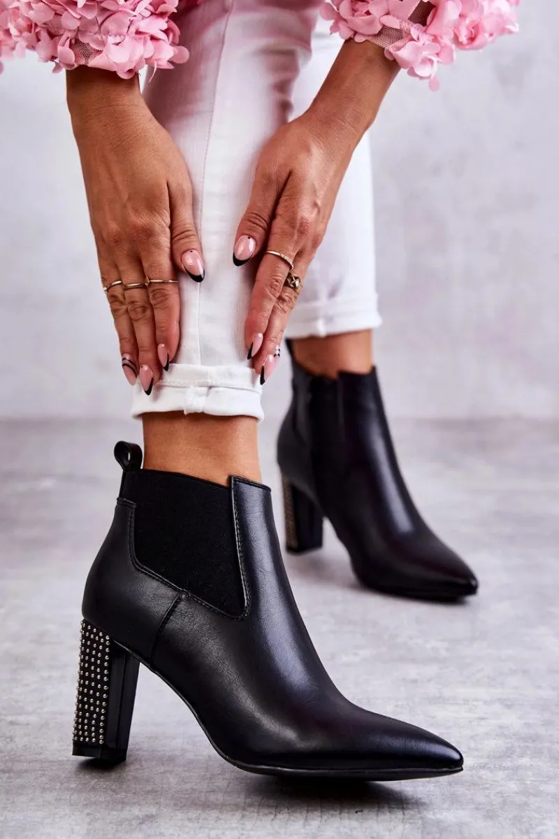 Sale Eleganckie Botki Na Słupku Z Dżetami Czarne Elinor Damskie Botki Na Słupku|Czarne Botki