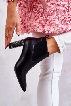 Sale Eleganckie Botki Na Słupku Z Dżetami Czarne Elinor Damskie Botki Na Słupku|Czarne Botki