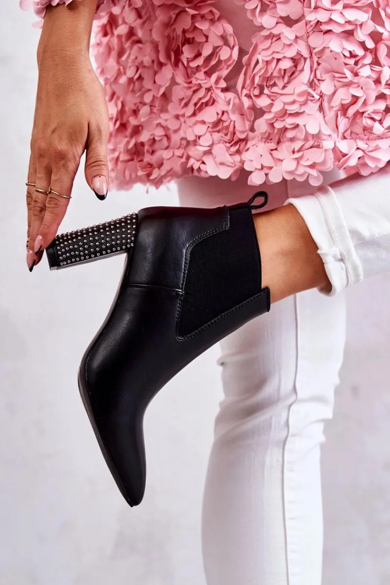 Sale Eleganckie Botki Na Słupku Z Dżetami Czarne Elinor Damskie Botki Na Słupku|Czarne Botki