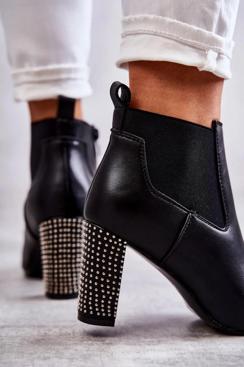 Sale Eleganckie Botki Na Słupku Z Dżetami Czarne Elinor Damskie Botki Na Słupku|Czarne Botki