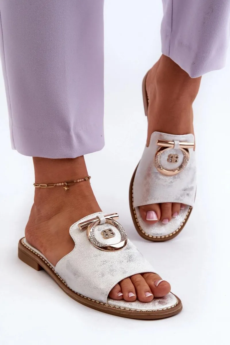 Clearance Eleganckie Błyszczące Klapki Damskie Z Ozdobą S.Barski KV27-032 Srebrne Damskie Klapki Damskie Klasyczne