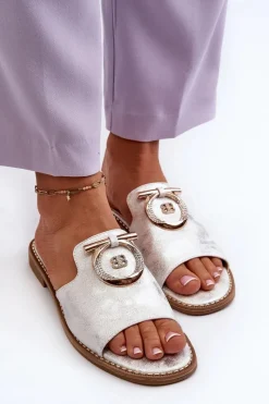 Clearance Eleganckie Błyszczące Klapki Damskie Z Ozdobą S.Barski KV27-032 Srebrne Damskie Klapki Damskie Klasyczne