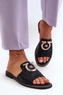 Klapki Damskie Klasyczne>Damskie buty S.Barski Eleganckie Błyszczące Klapki Damskie Z Ozdobą S.Barski KV27-032 Czarne