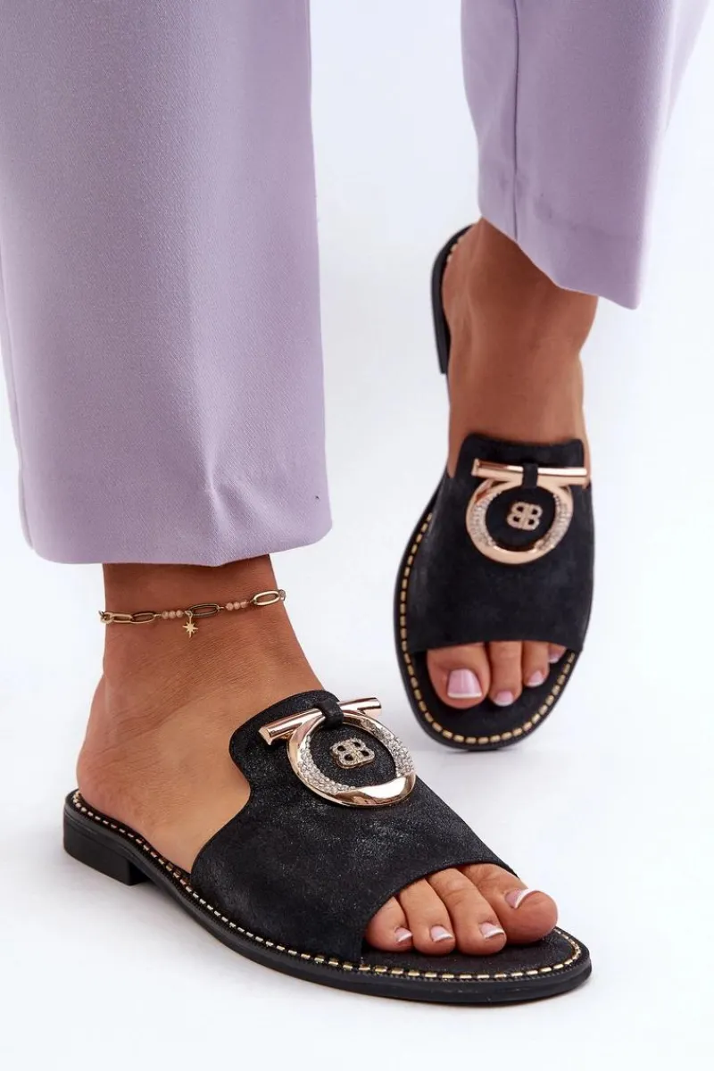 Klapki Damskie Klasyczne>Damskie buty S.Barski Eleganckie Błyszczące Klapki Damskie Z Ozdobą S.Barski KV27-032 Czarne