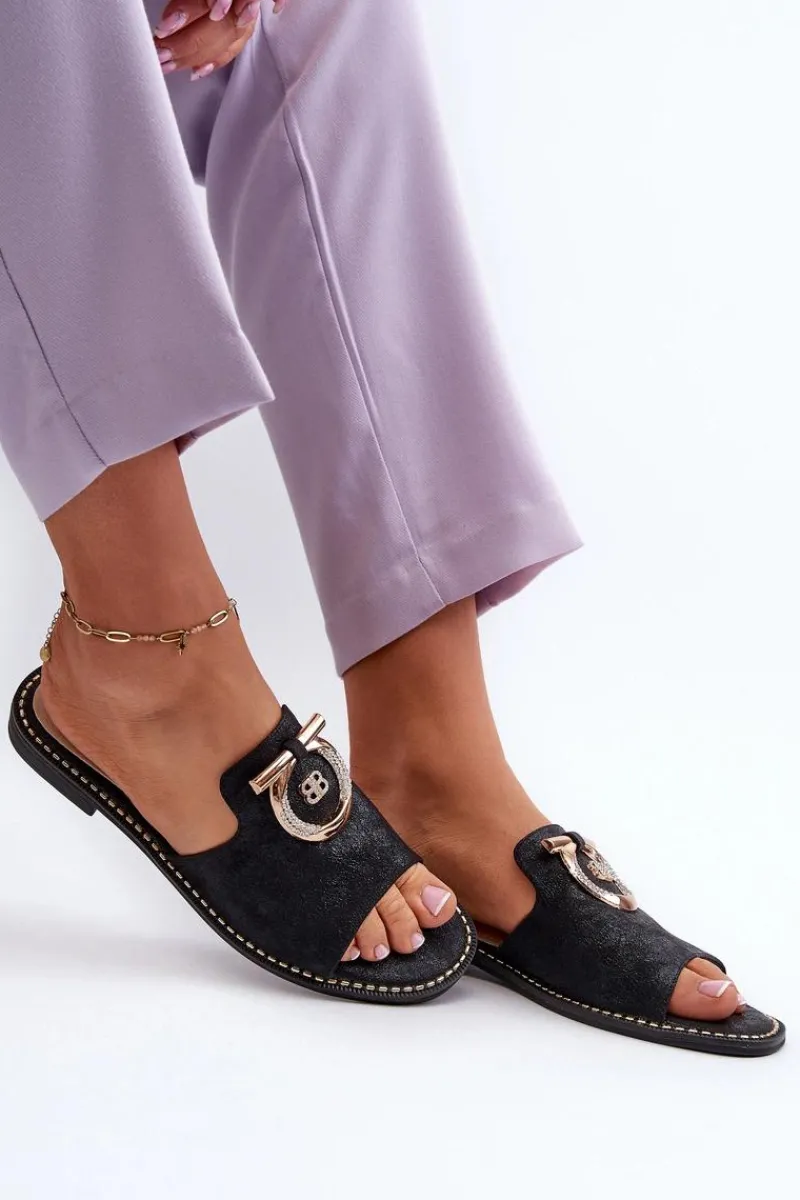 Klapki Damskie Klasyczne>Damskie buty S.Barski Eleganckie Błyszczące Klapki Damskie Z Ozdobą S.Barski KV27-032 Czarne