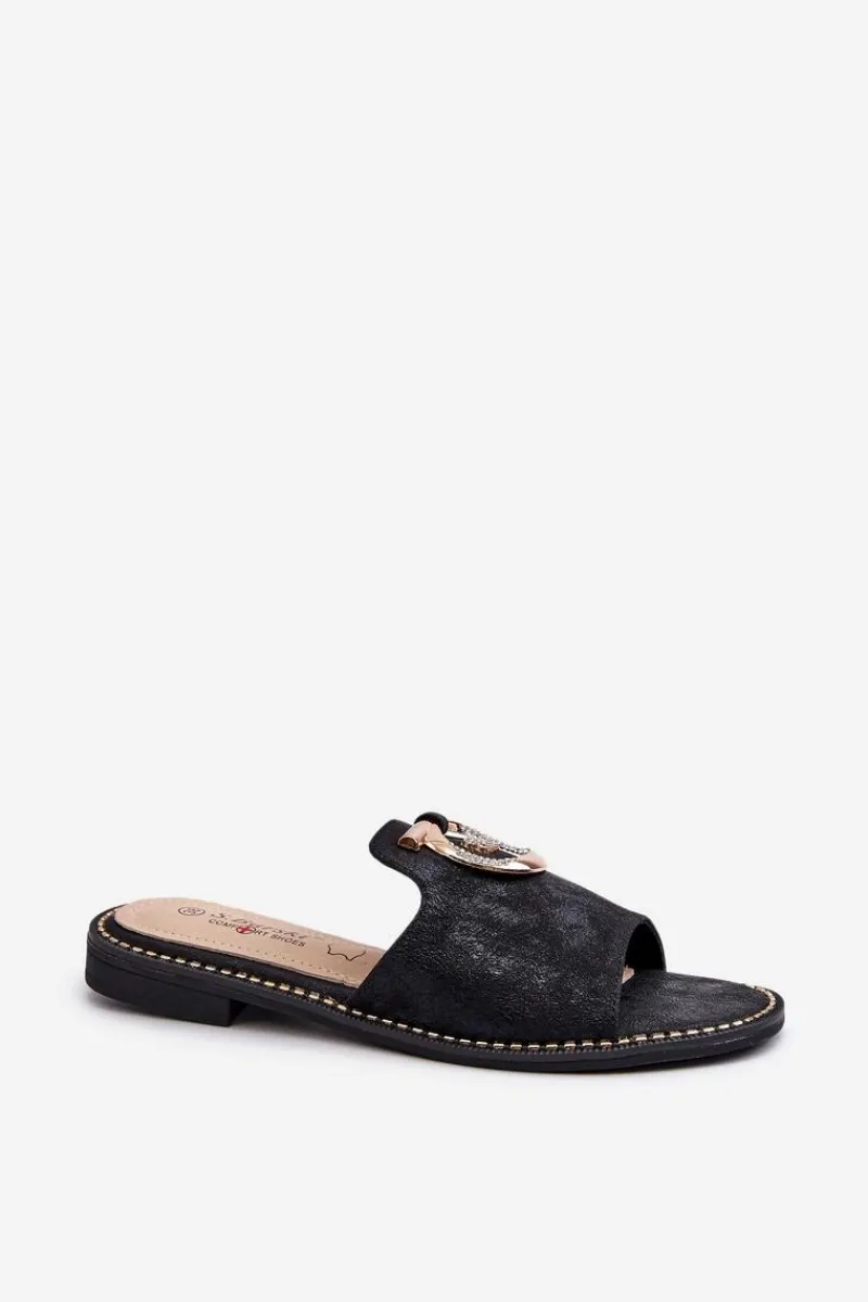 Klapki Damskie Klasyczne>Damskie buty S.Barski Eleganckie Błyszczące Klapki Damskie Z Ozdobą S.Barski KV27-032 Czarne