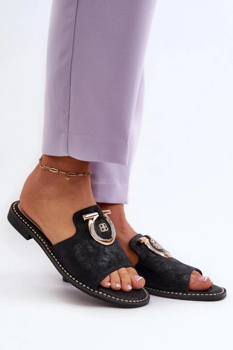 Klapki Damskie Klasyczne>Damskie buty S.Barski Eleganckie Błyszczące Klapki Damskie Z Ozdobą S.Barski KV27-032 Czarne