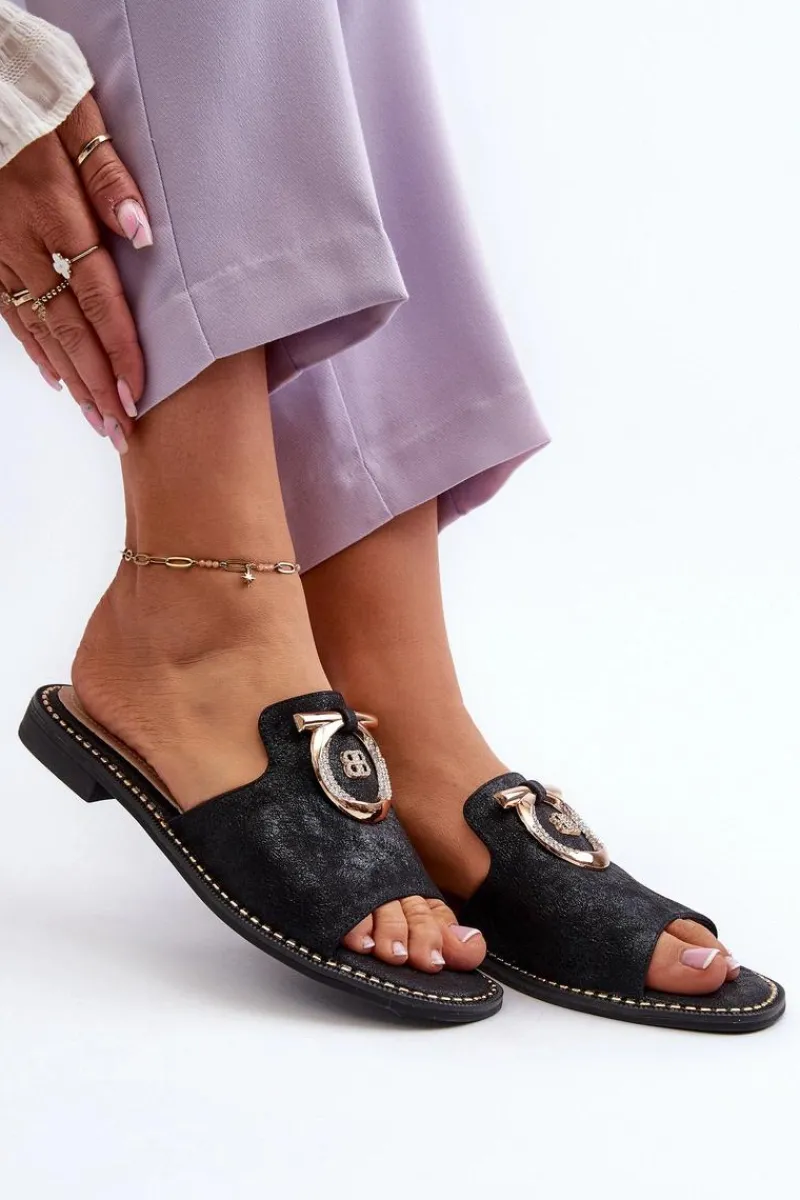 Klapki Damskie Klasyczne>Damskie buty S.Barski Eleganckie Błyszczące Klapki Damskie Z Ozdobą S.Barski KV27-032 Czarne