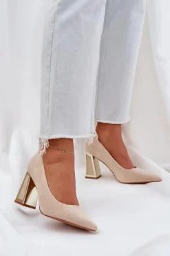 Eleganckie Czółenka Na Słupku Szpiczaste Noski Beżowe Falseki Damskie Czółenka Klasyczne