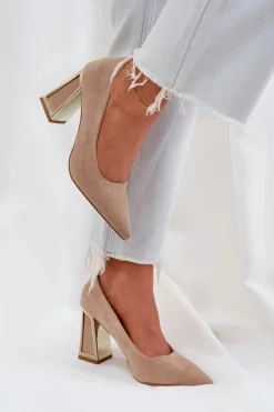 Czółenka Klasyczne>Boto Eleganckie Czółenka Na Słupku Szpiczaste Noski Ciemnobeżowe Falseki