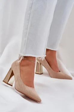 Czółenka Klasyczne>Boto Eleganckie Czółenka Na Słupku Szpiczaste Noski Ciemnobeżowe Falseki