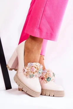 Hot Boto Eleganckie Czółenka Z Ozdobą Gładkie Jasnoróżowe Caterine