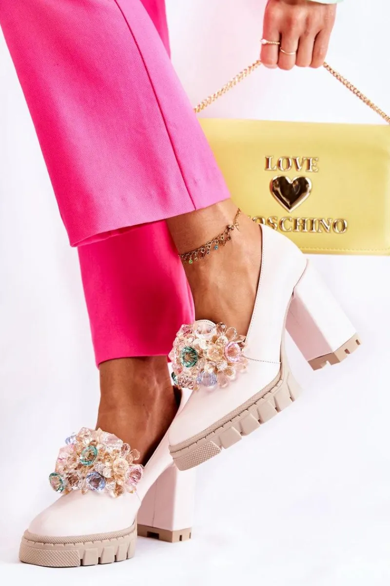 Hot Boto Eleganckie Czółenka Z Ozdobą Gładkie Jasnoróżowe Caterine