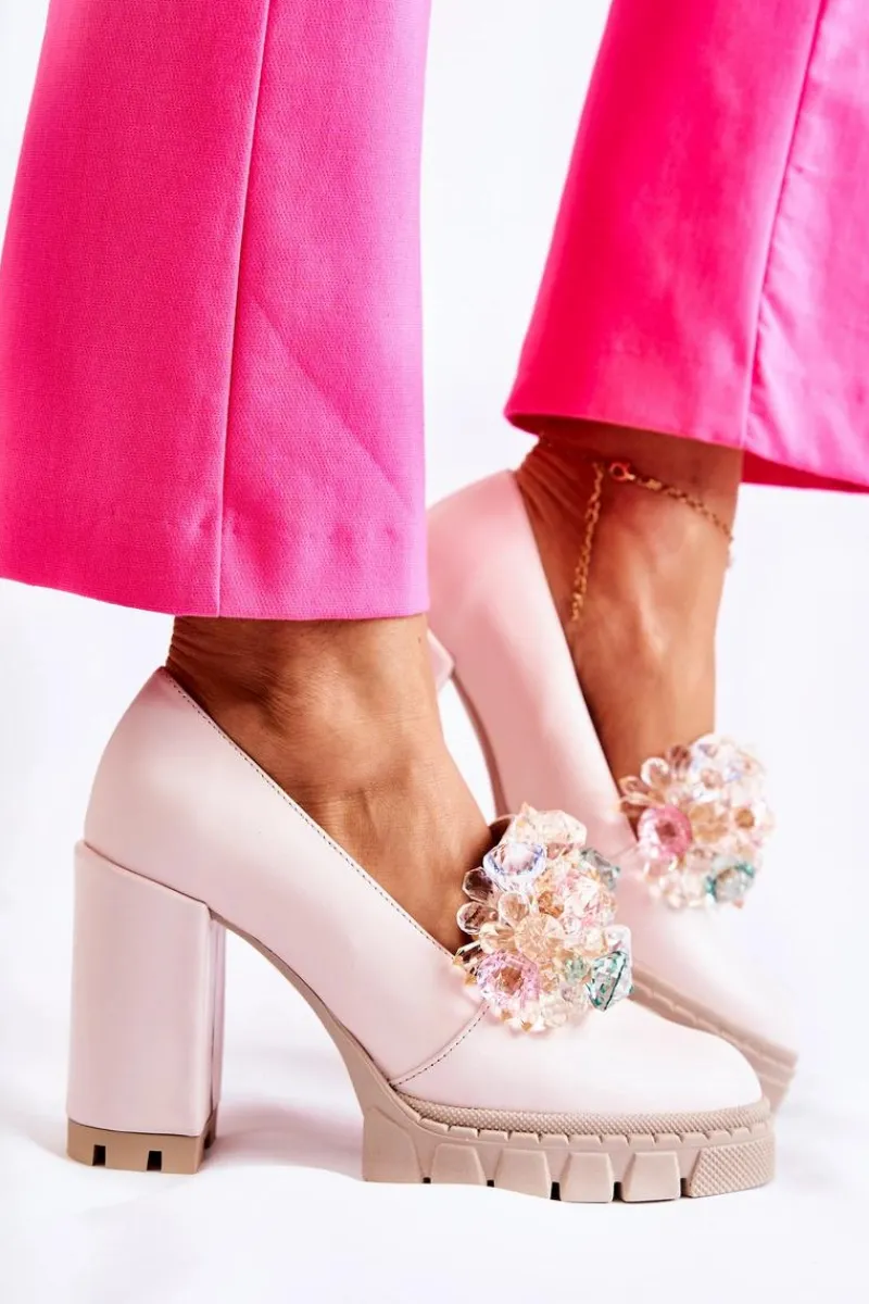 Hot Boto Eleganckie Czółenka Z Ozdobą Gładkie Jasnoróżowe Caterine