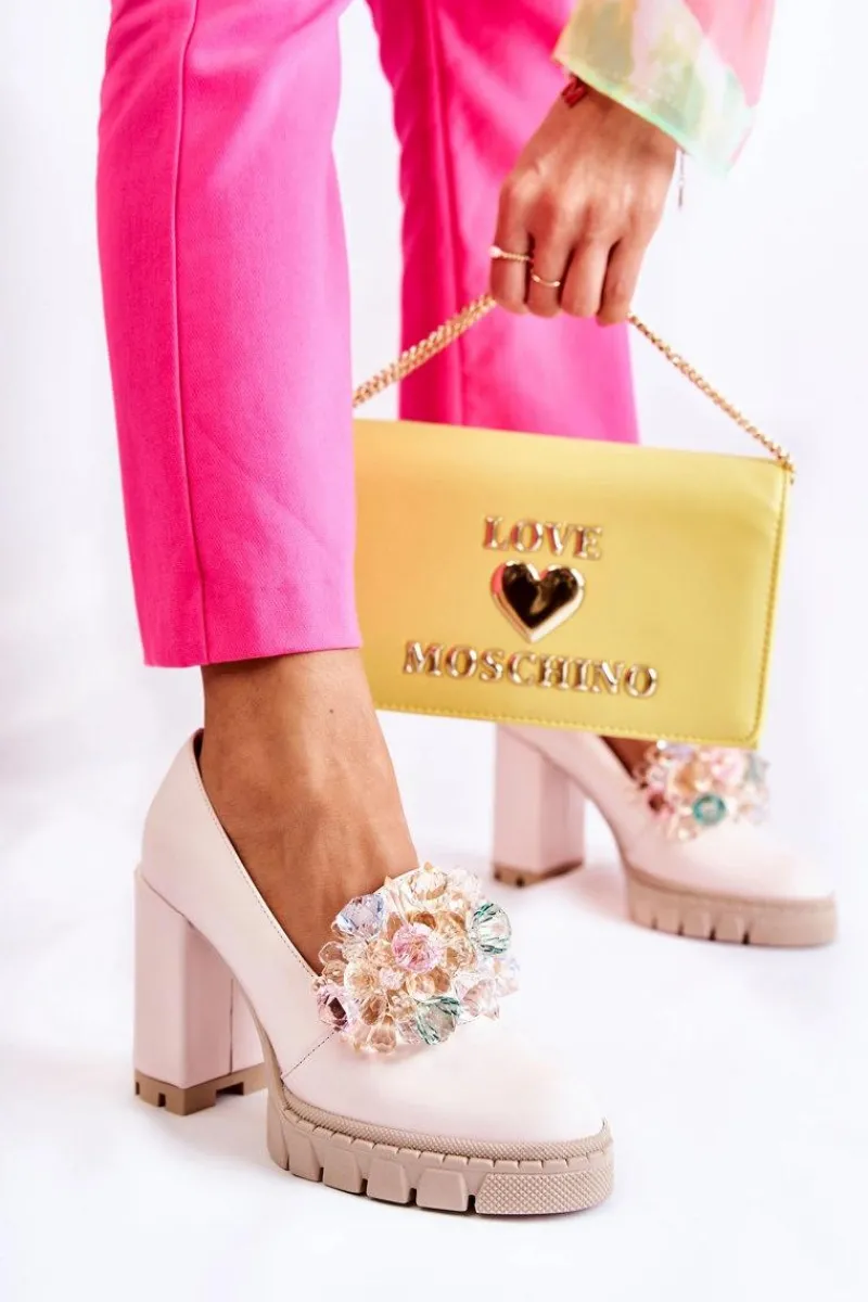 Hot Boto Eleganckie Czółenka Z Ozdobą Gładkie Jasnoróżowe Caterine