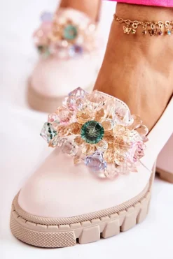 Hot Boto Eleganckie Czółenka Z Ozdobą Gładkie Jasnoróżowe Caterine