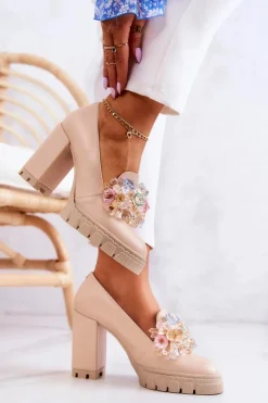 Hot Eleganckie Czółenka Z Ozdobą Gładkie Beżowe Caterine Damskie Czółenka Na Platformie|Czółenka Na Słupku