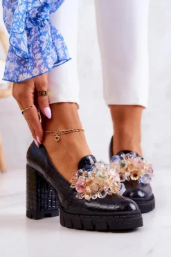 Boto Eleganckie Czółenka Z Ozdobą Wężowe Czarne Caterine