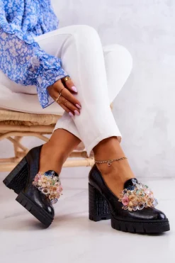 Boto Eleganckie Czółenka Z Ozdobą Wężowe Czarne Caterine