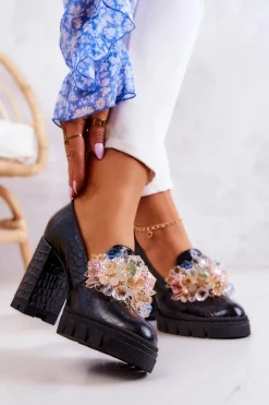 Boto Eleganckie Czółenka Z Ozdobą Wężowe Czarne Caterine