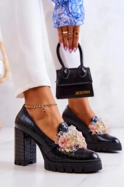 Boto Eleganckie Czółenka Z Ozdobą Wężowe Czarne Caterine