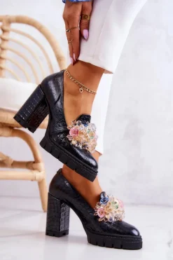 Boto Eleganckie Czółenka Z Ozdobą Wężowe Czarne Caterine