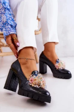 Boto Eleganckie Czółenka Z Ozdobą Wężowe Czarne Caterine