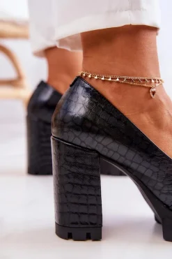 Boto Eleganckie Czółenka Z Ozdobą Wężowe Czarne Caterine