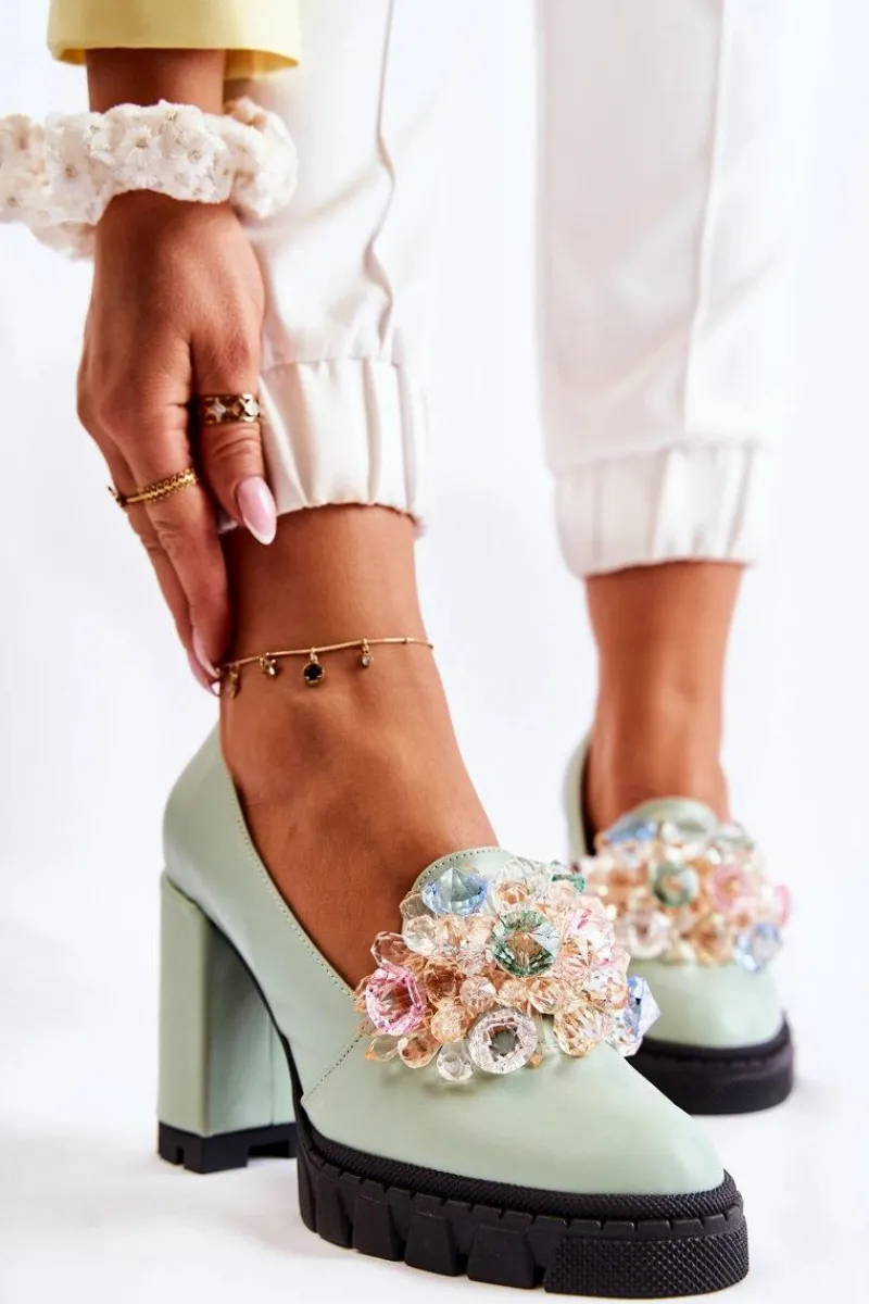 Eleganckie Czółenka Z Ozdobą Gładkie Zielone Caterine - Czarna Podeszwa Damskie Czółenka Na Platformie|Czółenka Na Słupku