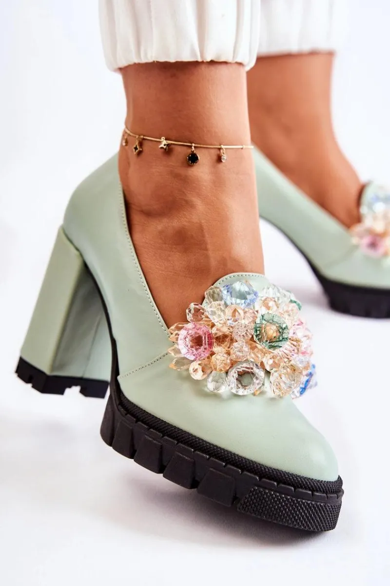 Eleganckie Czółenka Z Ozdobą Gładkie Zielone Caterine - Czarna Podeszwa Damskie Czółenka Na Platformie|Czółenka Na Słupku