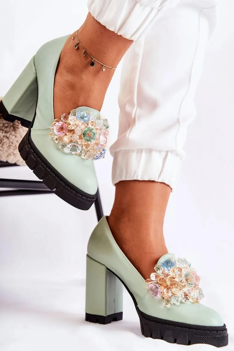 Eleganckie Czółenka Z Ozdobą Gładkie Zielone Caterine - Czarna Podeszwa Damskie Czółenka Na Platformie|Czółenka Na Słupku