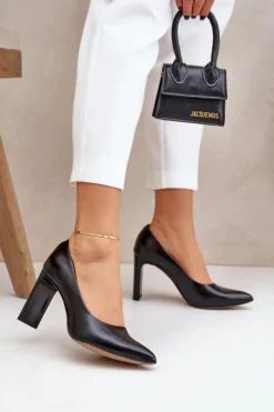 Best Eleganckie Czółenka Ze Skóry Naturalnej Na Słupku Lewski 2659/2043 Czarne Damskie Czółenka Na Słupku|Czółenka Klasyczne