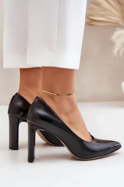 Best Eleganckie Czółenka Ze Skóry Naturalnej Na Słupku Lewski 2659/2043 Czarne Damskie Czółenka Na Słupku|Czółenka Klasyczne
