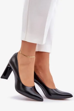 Best Eleganckie Czółenka Ze Skóry Naturalnej Na Słupku Lewski 2659/2043 Czarne Damskie Czółenka Na Słupku|Czółenka Klasyczne