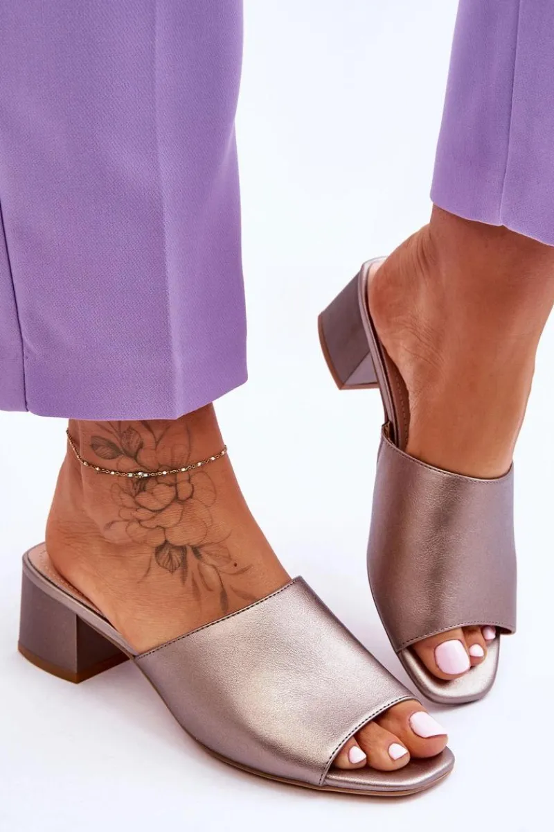 Klapki Na Obcasie|Klapki Damskie Klasyczne>Buty Sergio Leone Eleganckie Gładkie Klapki Sergio Leone KL317 Ciemnosrebrne