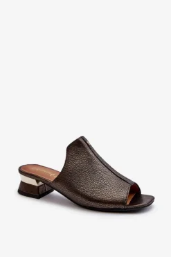 Online Maciejka Eleganckie Klapki Damskie Ze Skóry Naturalnej Na Niskim Obcasie 06360-20 Grafitowe