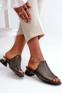 Online Maciejka Eleganckie Klapki Damskie Ze Skóry Naturalnej Na Niskim Obcasie 06360-20 Grafitowe