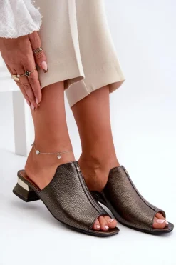 Online Maciejka Eleganckie Klapki Damskie Ze Skóry Naturalnej Na Niskim Obcasie 06360-20 Grafitowe