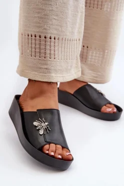 Sale Damskie buty S.Barski Eleganckie Klapki Damskie Z Ozdobą Skóra Naturalna S.Barski KV27-015 Czarne