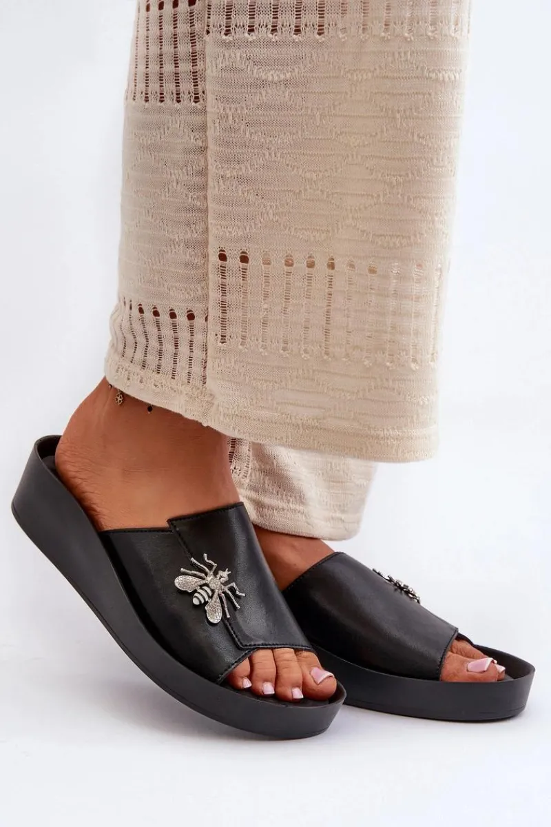 Sale Damskie buty S.Barski Eleganckie Klapki Damskie Z Ozdobą Skóra Naturalna S.Barski KV27-015 Czarne