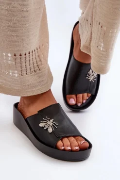 Sale Damskie buty S.Barski Eleganckie Klapki Damskie Z Ozdobą Skóra Naturalna S.Barski KV27-015 Czarne