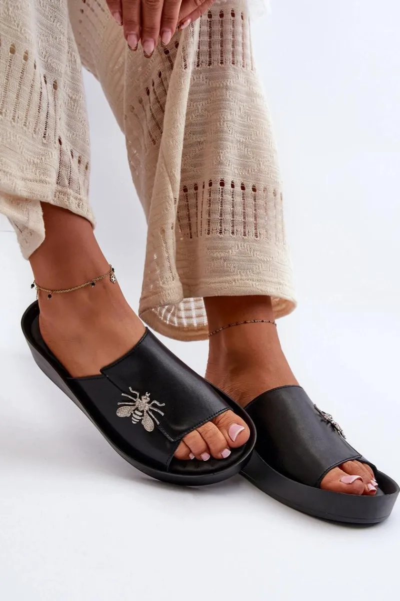 Sale Damskie buty S.Barski Eleganckie Klapki Damskie Z Ozdobą Skóra Naturalna S.Barski KV27-015 Czarne