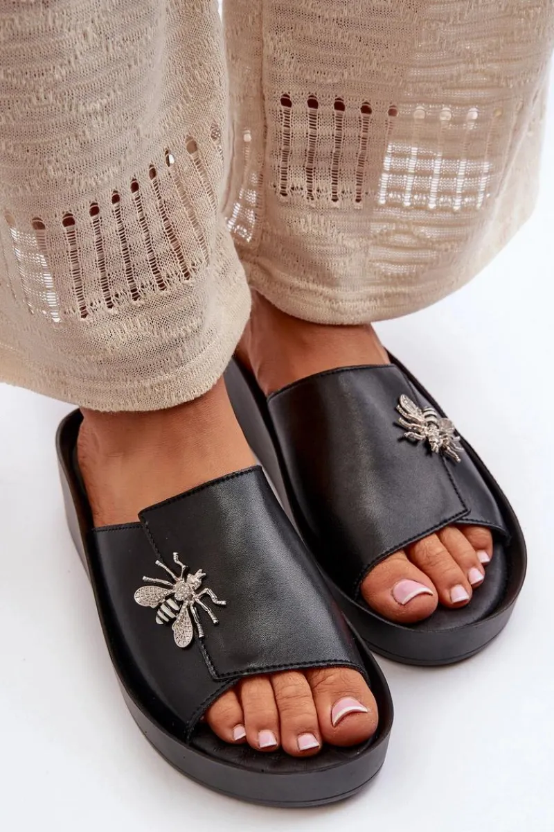 Sale Damskie buty S.Barski Eleganckie Klapki Damskie Z Ozdobą Skóra Naturalna S.Barski KV27-015 Czarne