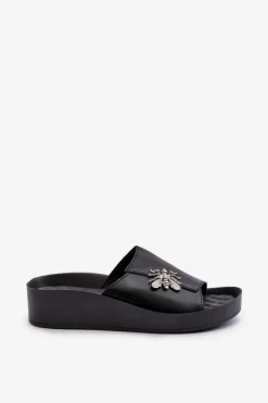 Sale Damskie buty S.Barski Eleganckie Klapki Damskie Z Ozdobą Skóra Naturalna S.Barski KV27-015 Czarne