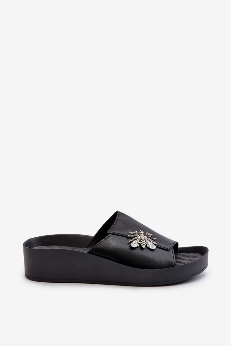 Sale Damskie buty S.Barski Eleganckie Klapki Damskie Z Ozdobą Skóra Naturalna S.Barski KV27-015 Czarne