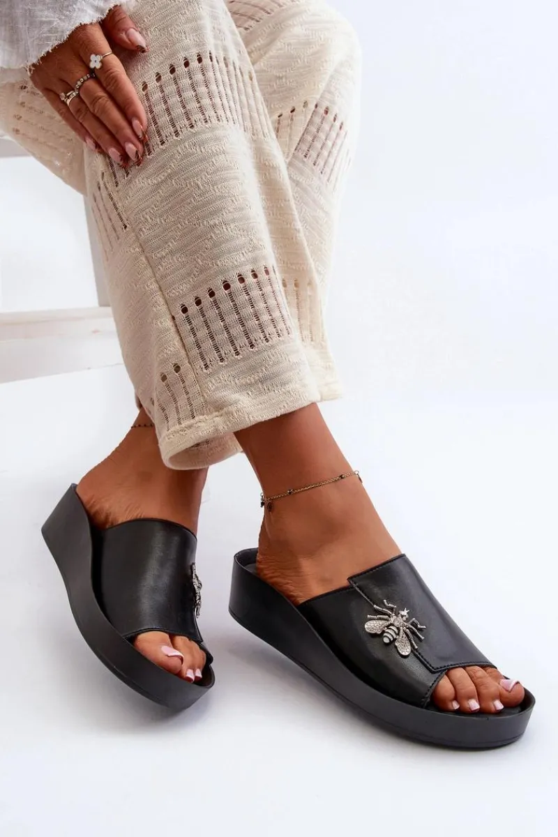 Sale Damskie buty S.Barski Eleganckie Klapki Damskie Z Ozdobą Skóra Naturalna S.Barski KV27-015 Czarne