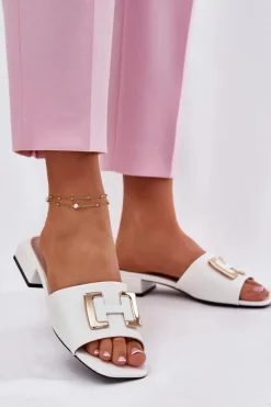 New Eleganckie Klapki Damskie Na Klocku Ze Złotym Detalem Vinceza 62229 Białe Damskie Klapki Na Obcasie