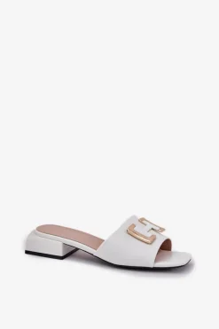 New Eleganckie Klapki Damskie Na Klocku Ze Złotym Detalem Vinceza 62229 Białe Damskie Klapki Na Obcasie